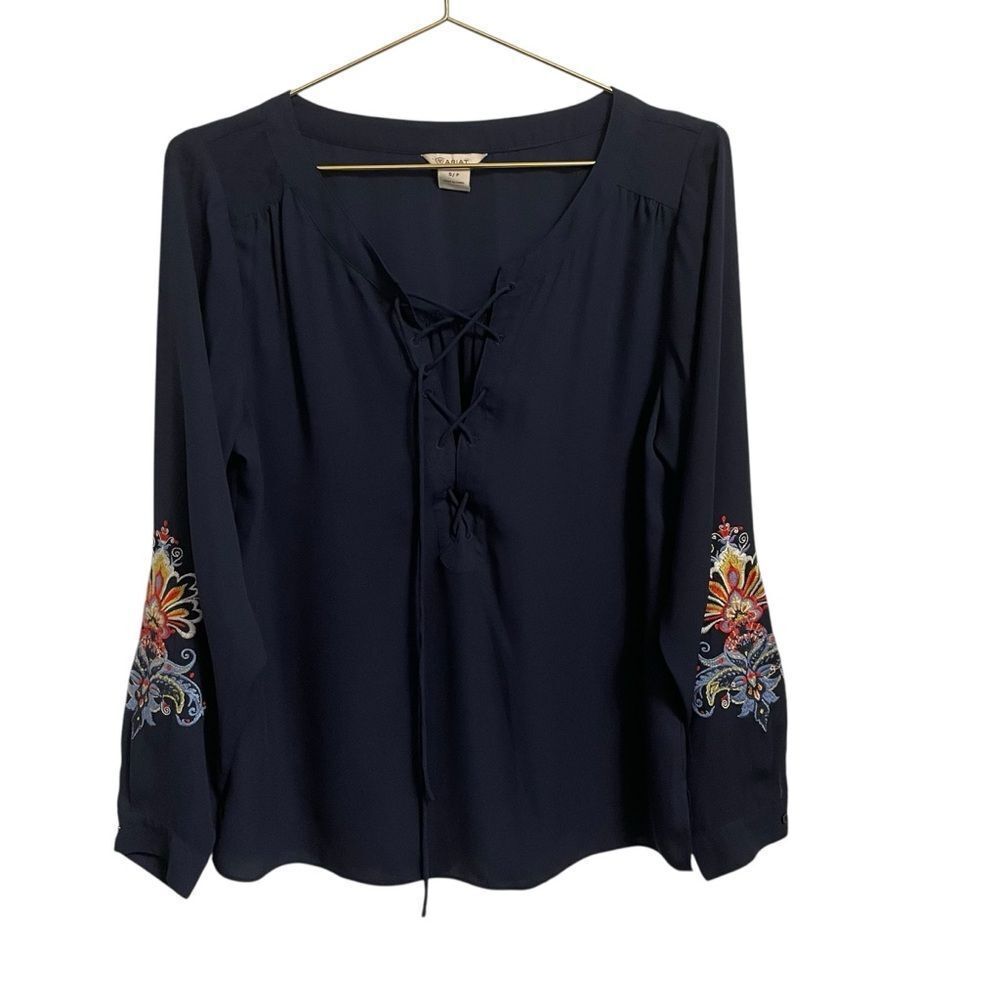 ARIAT Blush Top Blue Embroidered Sleeve Detail Long Sleeve SP